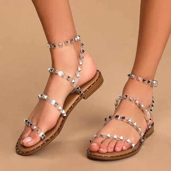 Women's Sandals Summer 2023 Rivet Shoes Lightweight Non-Slip Women's Fashion Transparent Designer Studded Sandals Flat-Solefeat