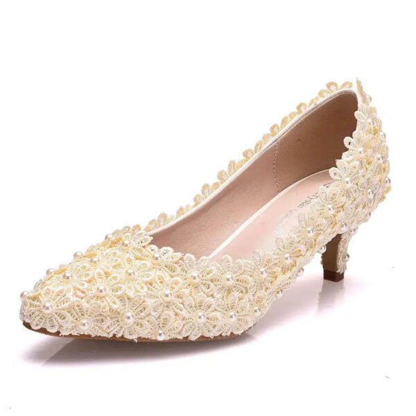 Crystal Queen White Lace Wedding Shoes 5CM Thick kitten Heel Shoes White Lace Pumps Princess Party Birthday Heels-Sole Feat