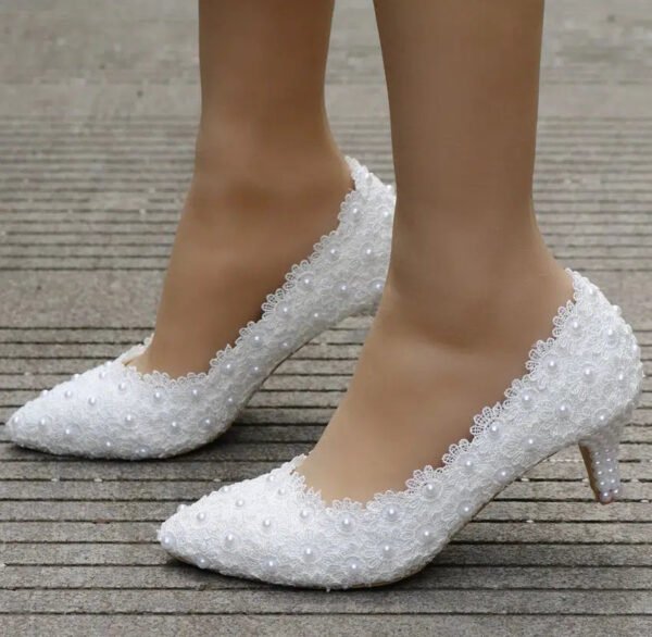 Crystal Queen White Lace Wedding Shoes 5CM Thick kitten Heel Shoes White Lace Pumps Princess Party Birthday Heels-Sole Feat