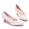 Crystal Queen White Lace Wedding Shoes 5CM Thick kitten Heel Shoes White Lace Pumps Princess Party Birthday Heels-Sole Feat