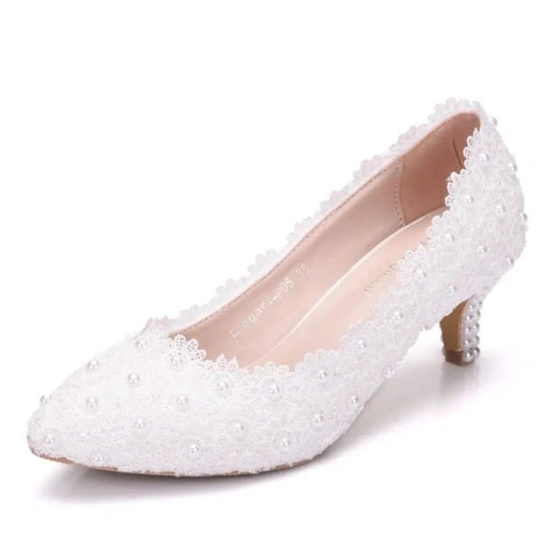 Crystal Queen White Lace Wedding Shoes 5CM Thick kitten Heel Shoes White Lace Pumps Princess Party Birthday Heels-Sole Feat