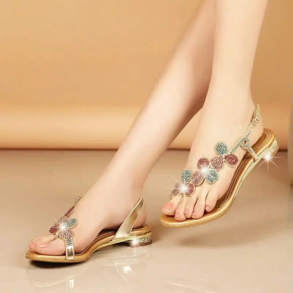 Summer New Leather Ladies Sandals Rhinestone Low Heel Flat Bottom Clip Toe Thick Heel Flowers Crystal Non-slip Sandals-Solefeat