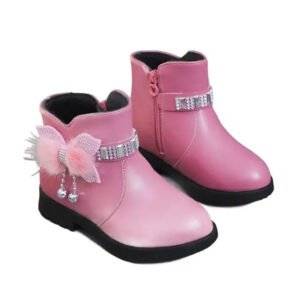 Children's Shoes Girl Mid Length Warm Leather Boots Baby Bow Cute Cotton Shoes Plush Winter New Student Two Cotton Boots Botines-Sole Feat