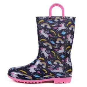 Shevalues Toddler Kids Rain Boots With Handles Cute Dinosaur Unicorn Unisex Rain Shoes For Kids Outdoor Waterproof Non-slip Boot-Sole Feat