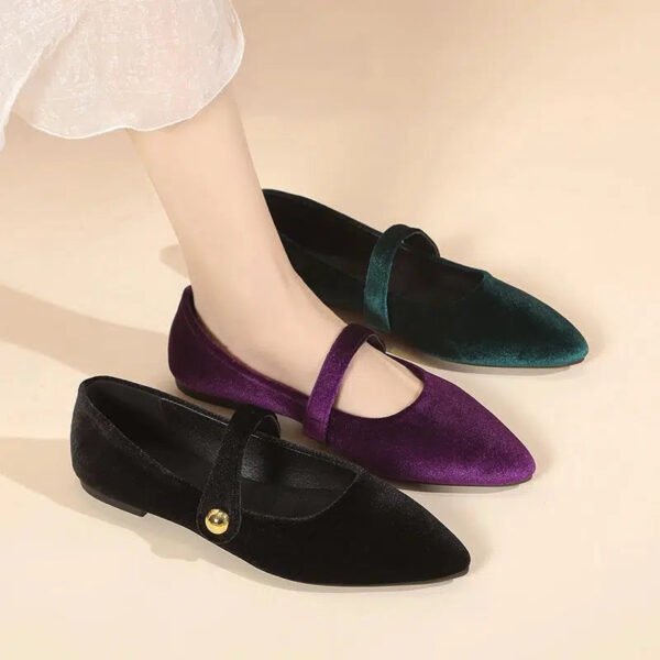 Elegant Velvet Ballet Flats Woman Luxury Velour Mary Jane Shoes Ladies Pointed Toe Buckle Strap Loafers In Purple Green-Solefeat