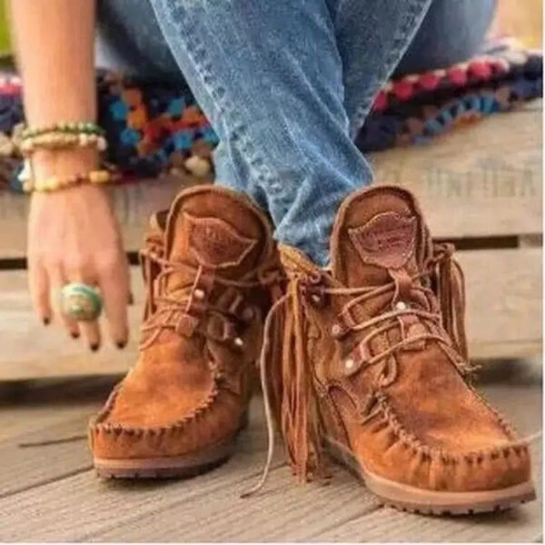 Boots Women 2022 Plus Size Tassel Short Autumn and Winter New Flat Boots Retro Fashion Thick Sole Ankle Boots Keep Warm Botines-Solefeat