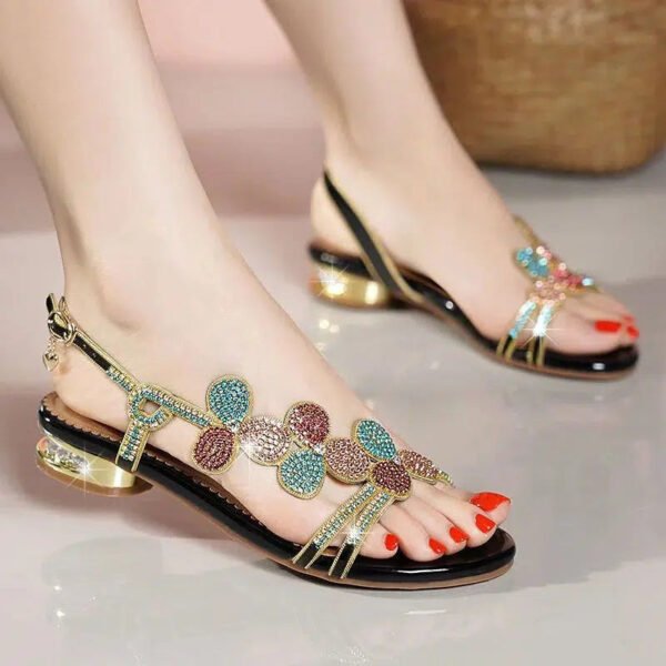 Summer New Leather Ladies Sandals Rhinestone Low Heel Flat Bottom Clip Toe Thick Heel Flowers Crystal Non-slip Sandals-Solefeat