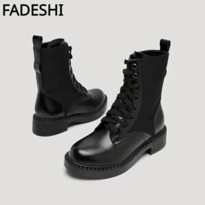 FADESHI Women's thick soled short boots 2022 New style lace up round high heel leather Martin boots Size 35-41-Solefeat