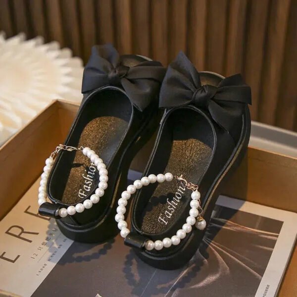 Children's Fashionable Black Leather Shoes with Pearl Chain Bow Cute Girl Mary Janes 2023 New Kids Versatile Wedding Party Shoes-Solefeat