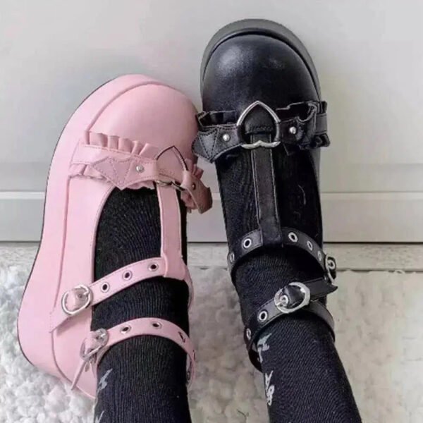 new Sweet Heart Buckle Wedges Mary Janes Women Pink T-Strap Chunky Platform Lolita Shoes Woman Punk Gothic Cosplay Shoes 43-Solefeat