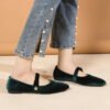 Elegant Velvet Ballet Flats Woman Luxury Velour Mary Jane Shoes Ladies Pointed Toe Buckle Strap Loafers In Purple Green-Solefeat