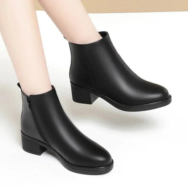 Winter Fashion Women Ankle Solid Color Boots Mid Heels Velvet Thick Heel Shoes Office Soft Sole Cotton Zipper Martin Boots Grace-Solefeat