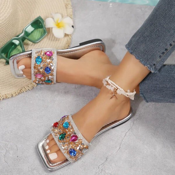 Silver Shiny Slippers Female Summer Wear Out Coarse Heel Color Everything Fashion Rhinestone Sandals Flat Women's Shoes Size 43-Solefeat