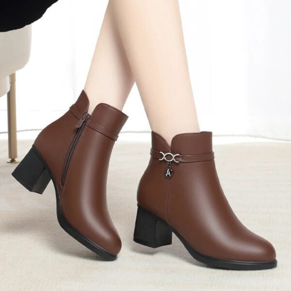 2024 New Fashion Soft Leather Ankle Boot High Heels Zipper Shoe Warm Fur Winter Boots Female Women Martin Short Boots Solid-Solefeat