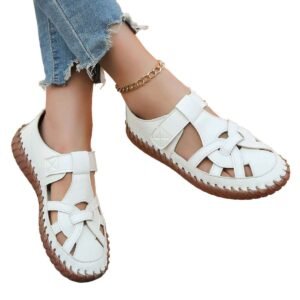 Genuine Leather Women Flats Hollow Woman Shoes Summer Women's Loafers Breathable Beach Female Sandals Big Size 36-43-Solefeat