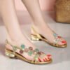 Summer New Leather Ladies Sandals Rhinestone Low Heel Flat Bottom Clip Toe Thick Heel Flowers Crystal Non-slip Sandals-Solefeat