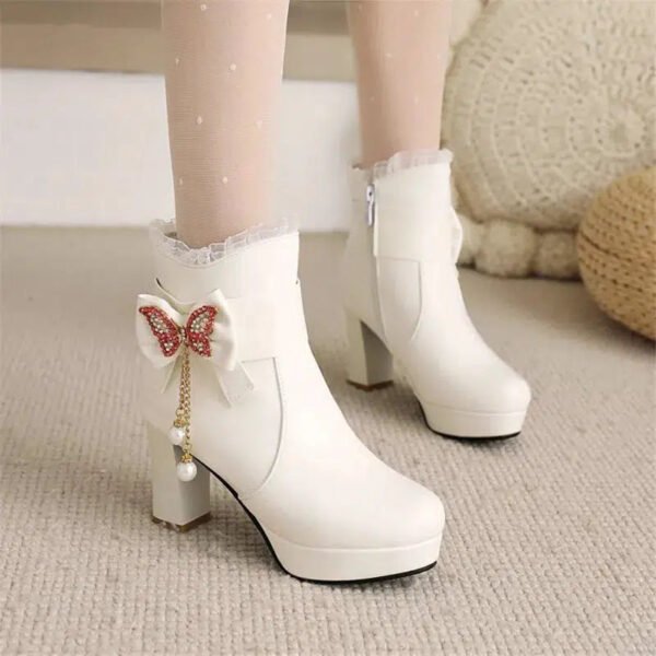 Size 29-43 Girls Boots Women High Heel Ankle Boots Fashion Round head Winter Zipper Boots Female Party Shoes Black White Pink-Sole Feat