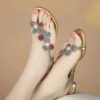 Summer New Leather Ladies Sandals Rhinestone Low Heel Flat Bottom Clip Toe Thick Heel Flowers Crystal Non-slip Sandals-Solefeat