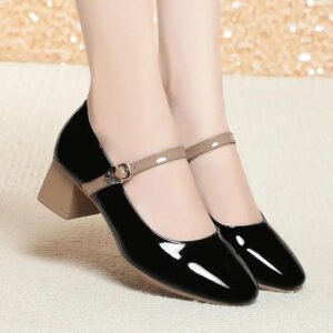 Spring New Women's Black Mary Jane Shoes Soft Leather Square Heel Dress Shoes Shallow Mouth Buckle Strap Single Shoes-Solefeat