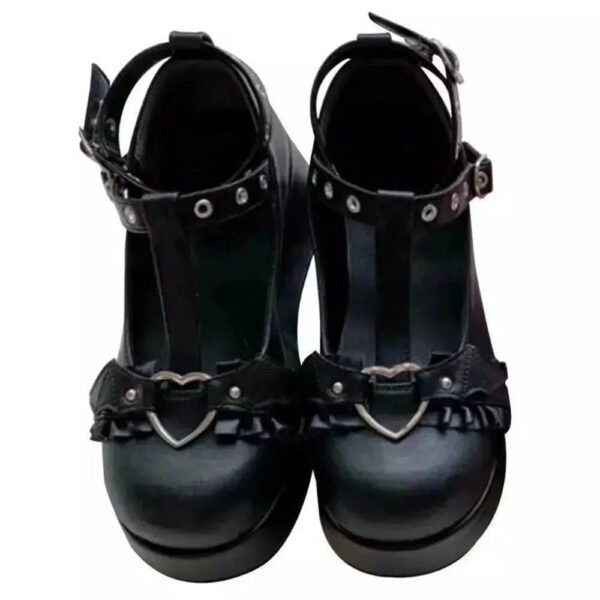 new Sweet Heart Buckle Wedges Mary Janes Women Pink T-Strap Chunky Platform Lolita Shoes Woman Punk Gothic Cosplay Shoes 43-Solefeat