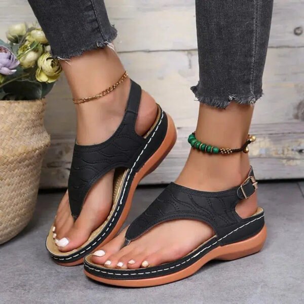 Summer Ladies Wedge Sandals PU Leather Material Solid Color Thick Sole Roman Style Buckle Strap Fashion Casual Beach Sandals-Solefeat