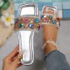 Silver Shiny Slippers Female Summer Wear Out Coarse Heel Color Everything Fashion Rhinestone Sandals Flat Women's Shoes Size 43-Solefeat