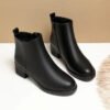 Winter Fashion Women Ankle Solid Color Boots Mid Heels Velvet Thick Heel Shoes Office Soft Sole Cotton Zipper Martin Boots Grace-Solefeat