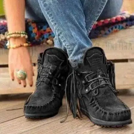 Boots Women 2022 Plus Size Tassel Short Autumn and Winter New Flat Boots Retro Fashion Thick Sole Ankle Boots Keep Warm Botines-Solefeat