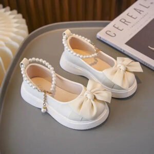 Children's Fashionable Black Leather Shoes with Pearl Chain Bow Cute Girl Mary Janes 2023 New Kids Versatile Wedding Party Shoes-Solefeat