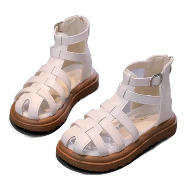 British Style Children's Sandals Girl 2024 Summer Kids Hollow-out Beach Shoes Fashion Causal Girls High-top Simple Roman Sandals-Sole Feat