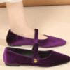 Elegant Velvet Ballet Flats Woman Luxury Velour Mary Jane Shoes Ladies Pointed Toe Buckle Strap Loafers In Purple Green-Solefeat