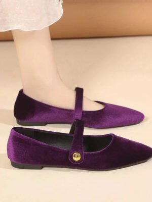 Elegant Velvet Ballet Flats Woman Luxury Velour Mary Jane Shoes Ladies Pointed Toe Buckle Strap Loafers In Purple Green-Solefeat