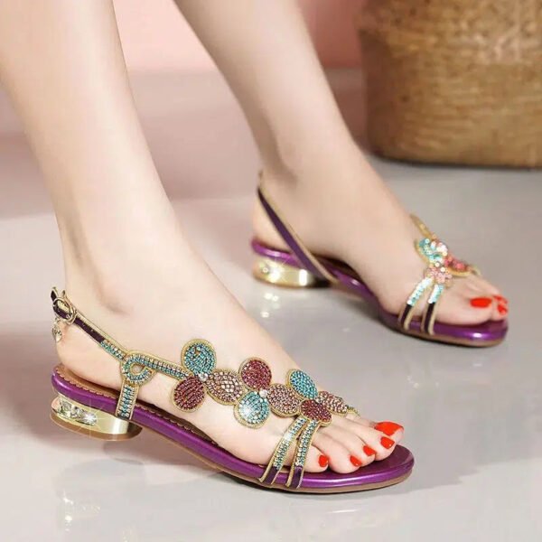 Summer New Leather Ladies Sandals Rhinestone Low Heel Flat Bottom Clip Toe Thick Heel Flowers Crystal Non-slip Sandals-Solefeat