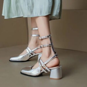 Leshion Of Chanmeb Women Gladiator Sandals Patent Leather Mary Janes Multi-buckle Slingback Shoes Thick Heels Silver Lady Sandal-Solefeat