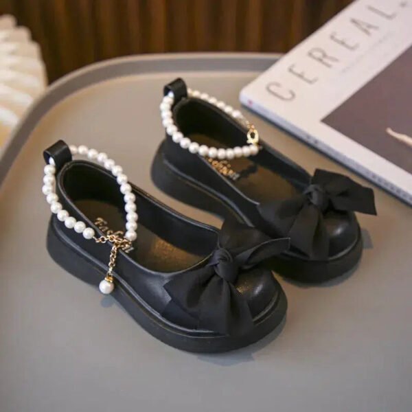 Children's Fashionable Black Leather Shoes with Pearl Chain Bow Cute Girl Mary Janes 2023 New Kids Versatile Wedding Party Shoes-Solefeat